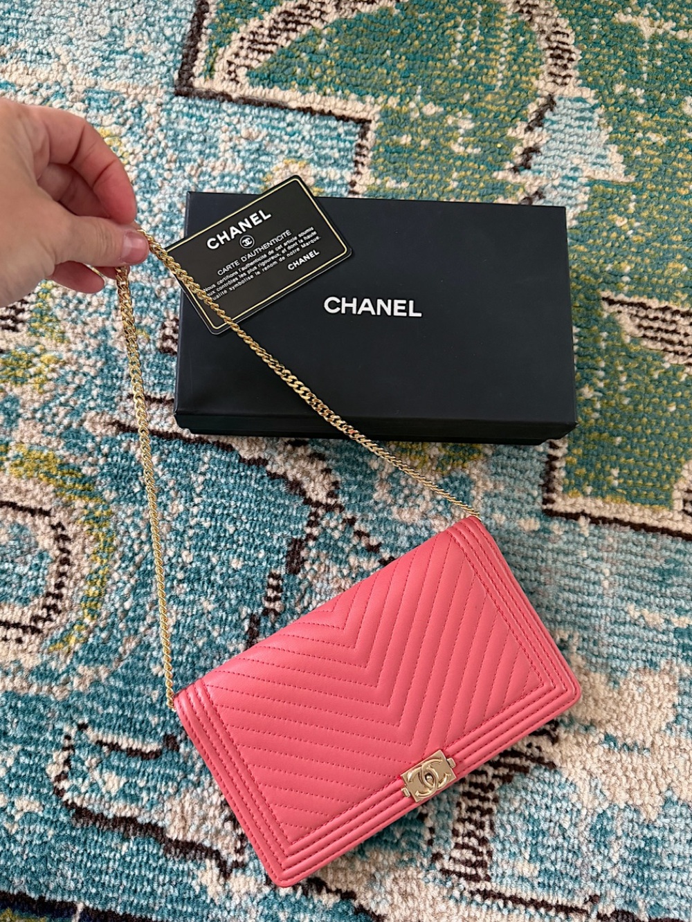 CHANEL Boy Womens Long Flap Chevron Leather Wallet Clutch Bag Pink Coral + Chain